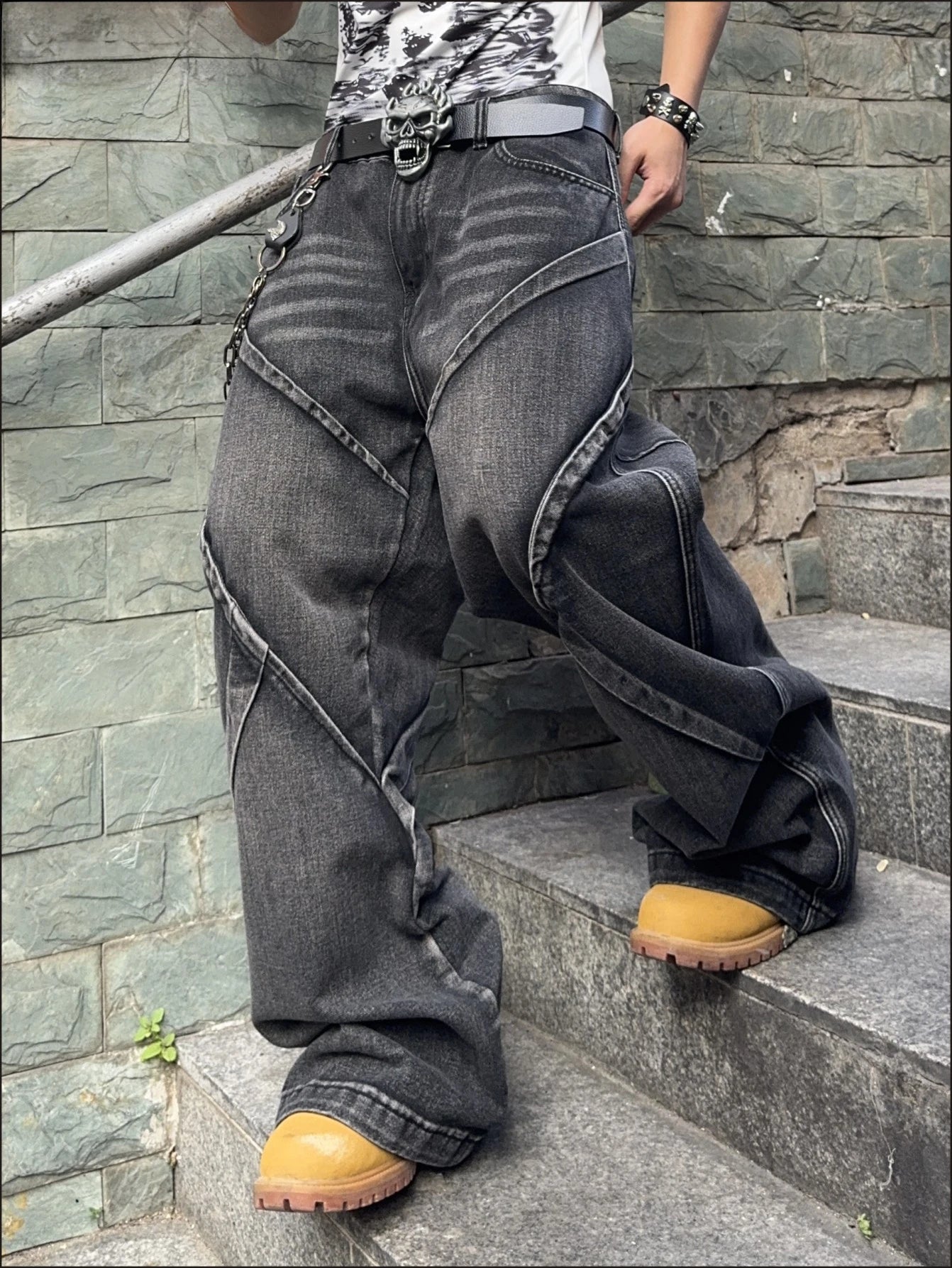 Men's Baggy Jeans Streetwear Contrast Stitching Wide Leg Denim Pants Loose Fit Jeans for Men