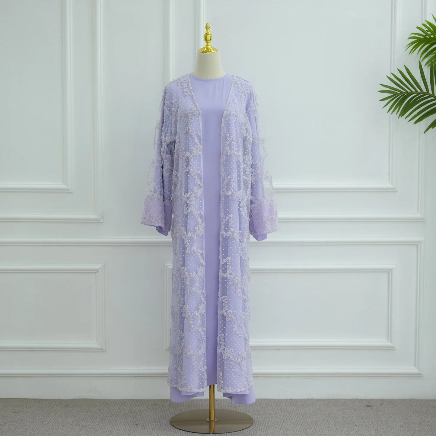 2pcs Abaya with Hijab Women Ramadan Muslim Dress Jilbab Kebaya Islam Kaftan Robe 3D Floral Mesh Abayas 2026 Eid Mubarak Dresses