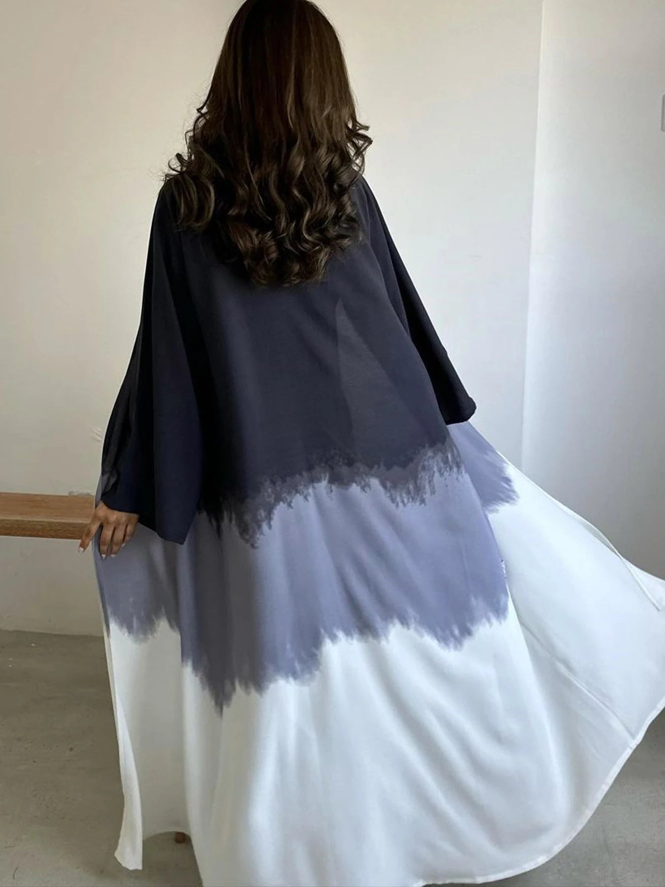 Abaya Fashion Midi Dress for Women; Middle East Muslim Long Robe with Tie-Dye Printed Cape for Spring and Summer