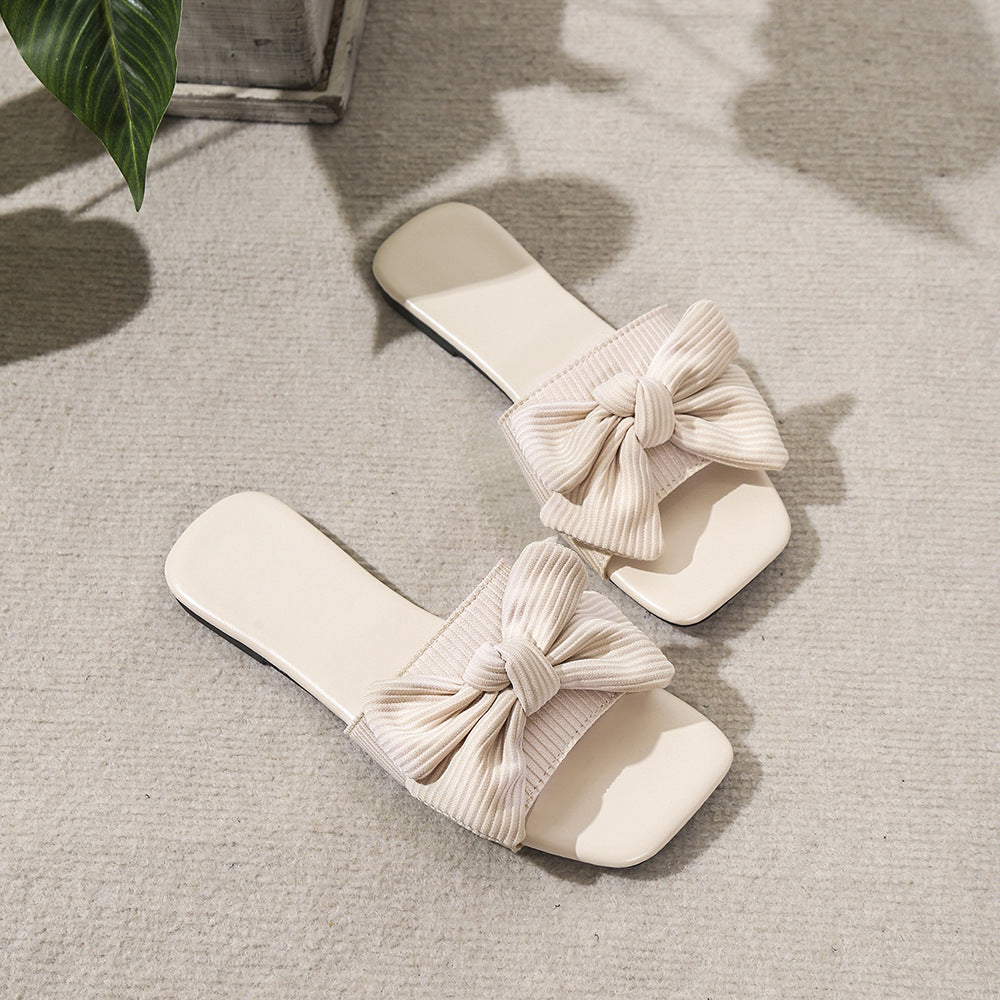 Bow-knot Slippers Outdoor Flat Beach Shoes Square Toe Sandals