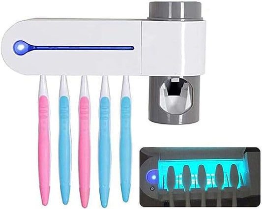 Toothbrush Sanitizer Holder, Automatic Toothpaste Dispenser, 5 Toothbrush Sterilizer Holder with Sticker Free Punching for Family Bathroom