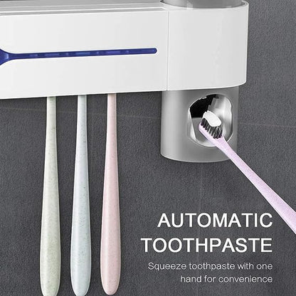 Toothbrush Sanitizer Holder, Automatic Toothpaste Dispenser, 5 Toothbrush Sterilizer Holder with Sticker Free Punching for Family Bathroom