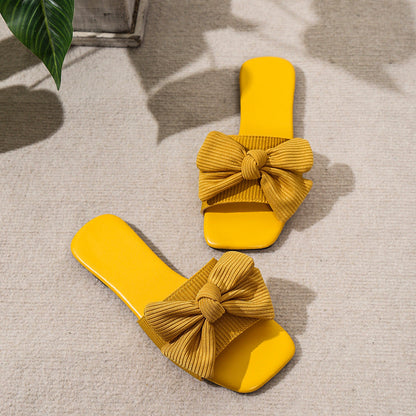 Bow-knot Slippers Outdoor Flat Beach Shoes Square Toe Sandals