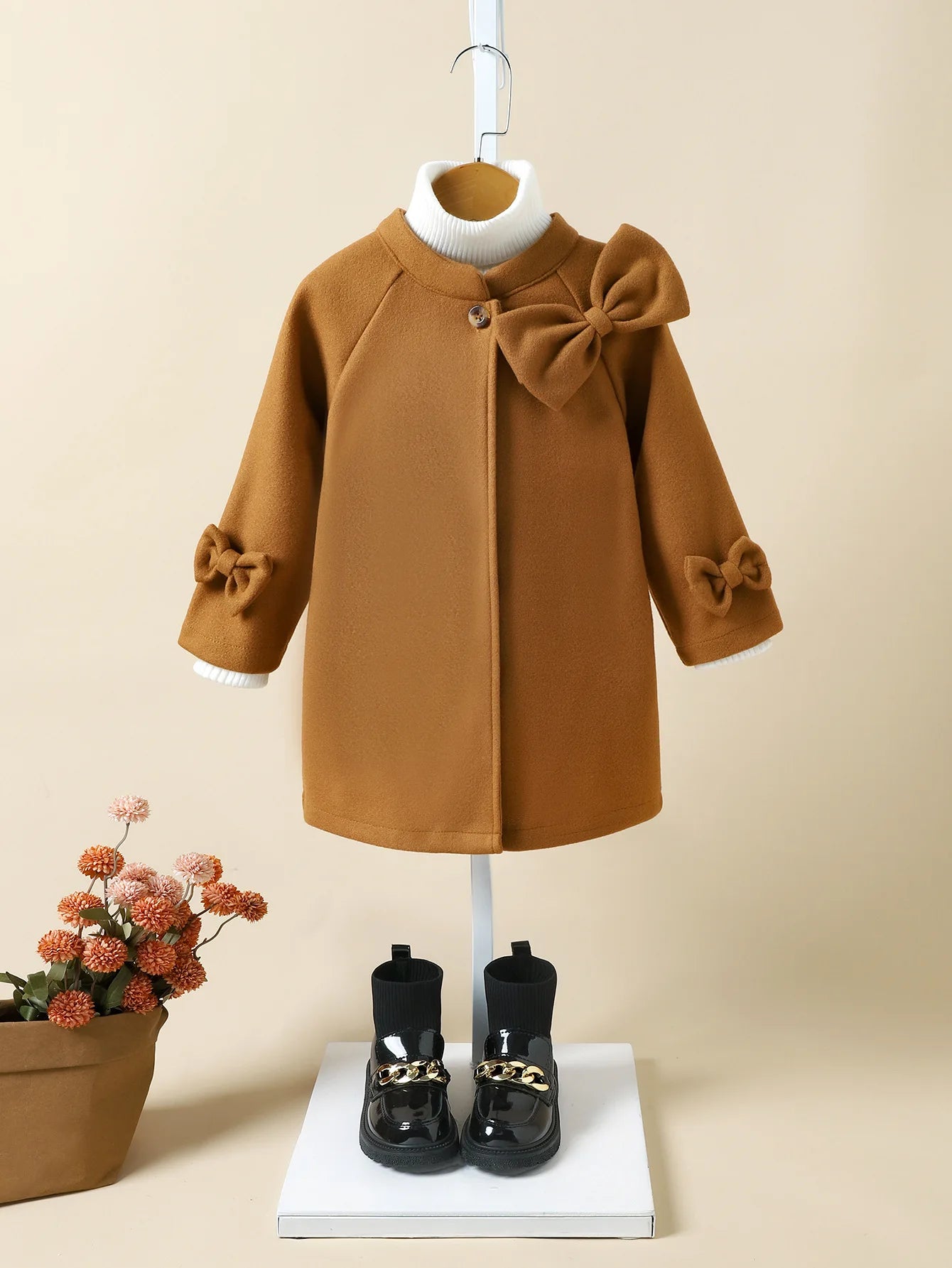 Children's Autumn/winter Women's Children Stand Collar Tweed Coat Fashion Jacket Bow Coat