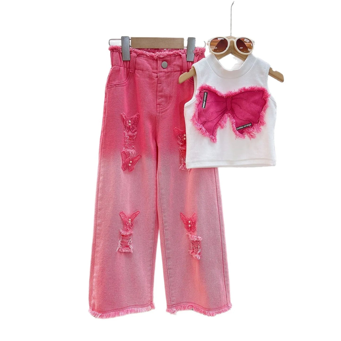 Girls' Summer Two-Piece Suit Sleeveless Ripped Jeans with Floral Denim for Older Children