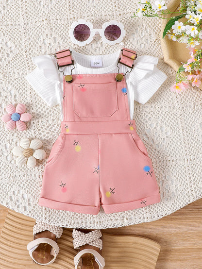 2025 Summer New Girl Baby Outdoor Casual Two-Piece Set Solid Color Short Sleeve Top Cute Cartoon Print Lace Strap Pants Children