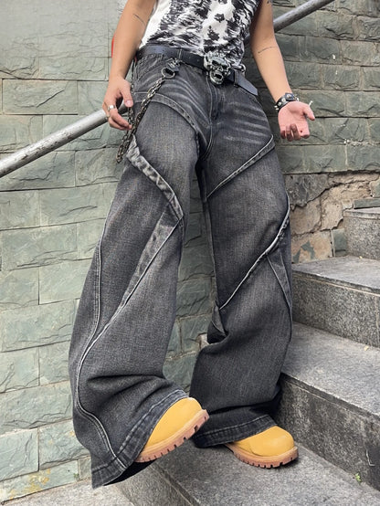 Men's Baggy Jeans Streetwear Contrast Stitching Wide Leg Denim Pants  Loose Fit Jeans for Men