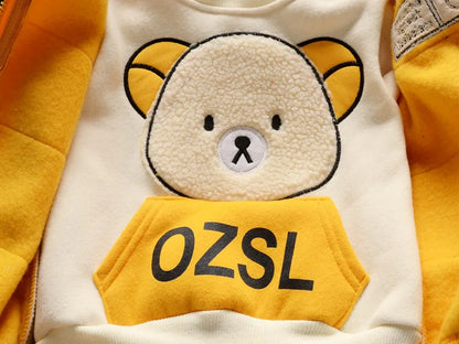 2025 Winter Casual Baby Clothing Set 3pcs Kids Bear Pattern Hooded Coat Warm Outfits for Children