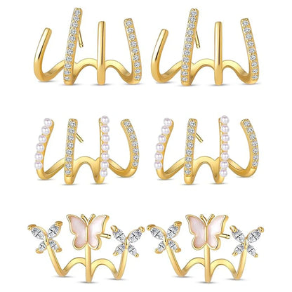 ZF Gold Zircon Butterfly Claw Piercing Stud Set Elegant Minimalist Dinner Party Women Fashion Jewelry Accessories