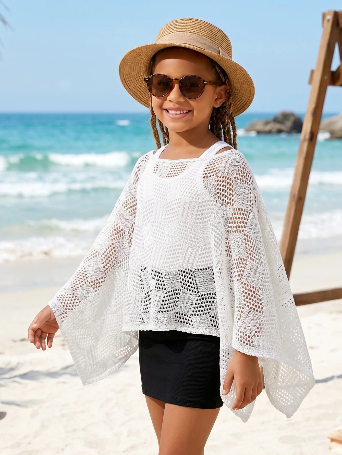 Wholesale Kids Poncho Swimwear Cover up Multi-Way Wear Children Hollow Out Loose Fit Beach Vacation Outdoor Top 6-12 Years