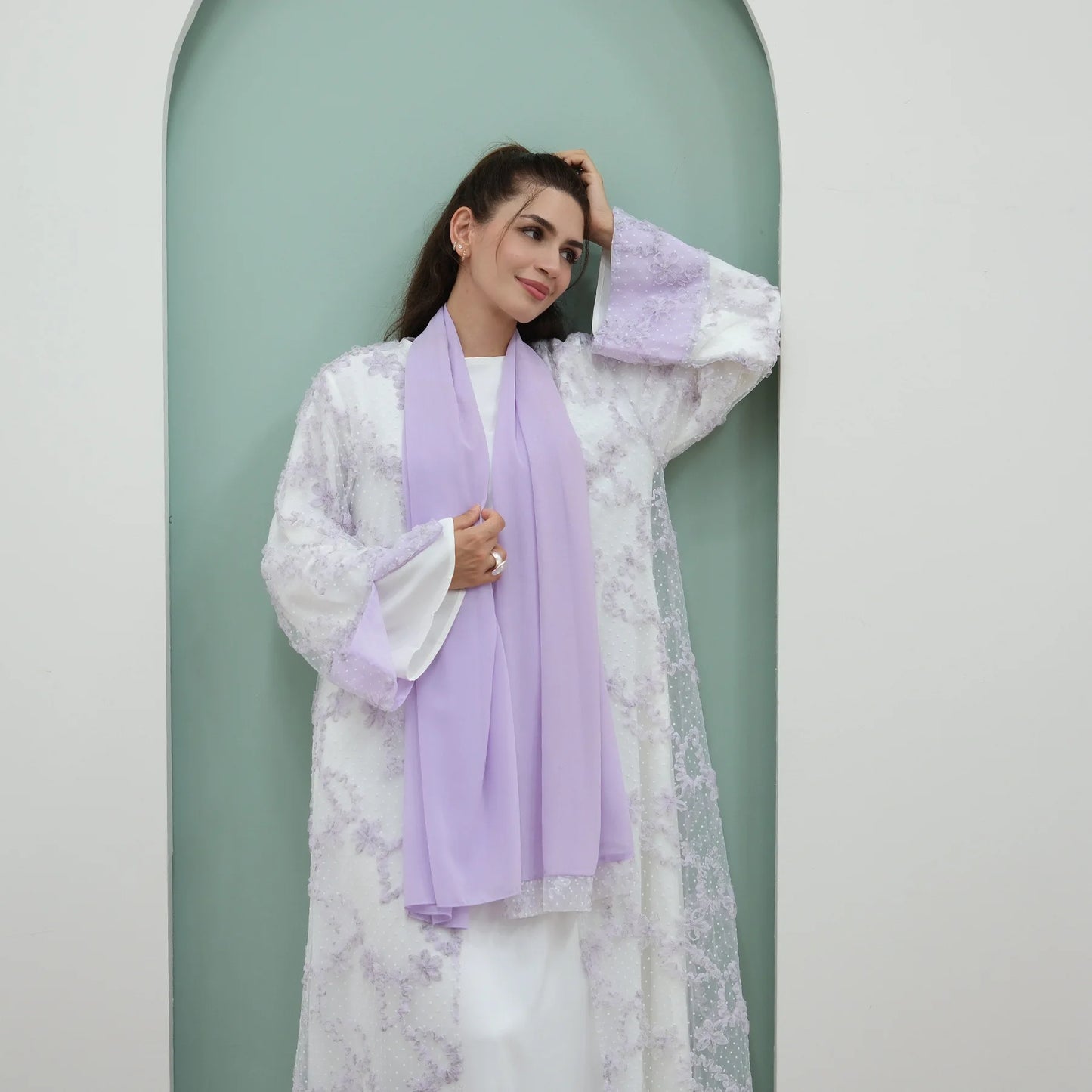 2pcs Abaya with Hijab Women Ramadan Muslim Dress Jilbab Kebaya Islam Kaftan Robe 3D Floral Mesh Abayas 2026 Eid Mubarak Dresses