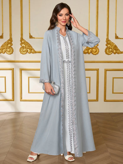 French-Style Luxury Grey-Blue Lace Embroidered Dress Set Middle Eastern Open-Front Abaya Dress for Wedding / Party / Daily Wear