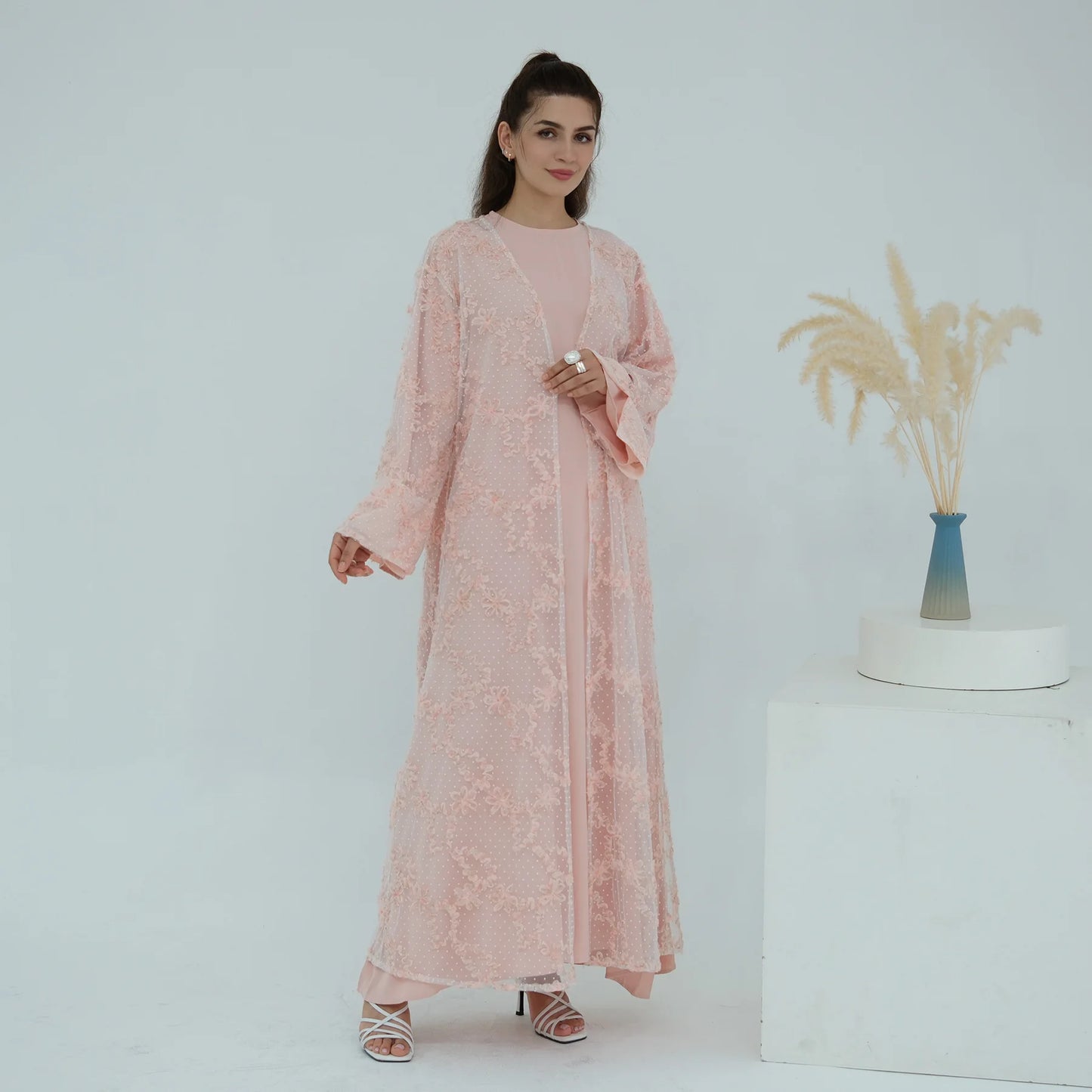2pcs Abaya with Hijab Women Ramadan Muslim Dress Jilbab Kebaya Islam Kaftan Robe 3D Floral Mesh Abayas 2026 Eid Mubarak Dresses