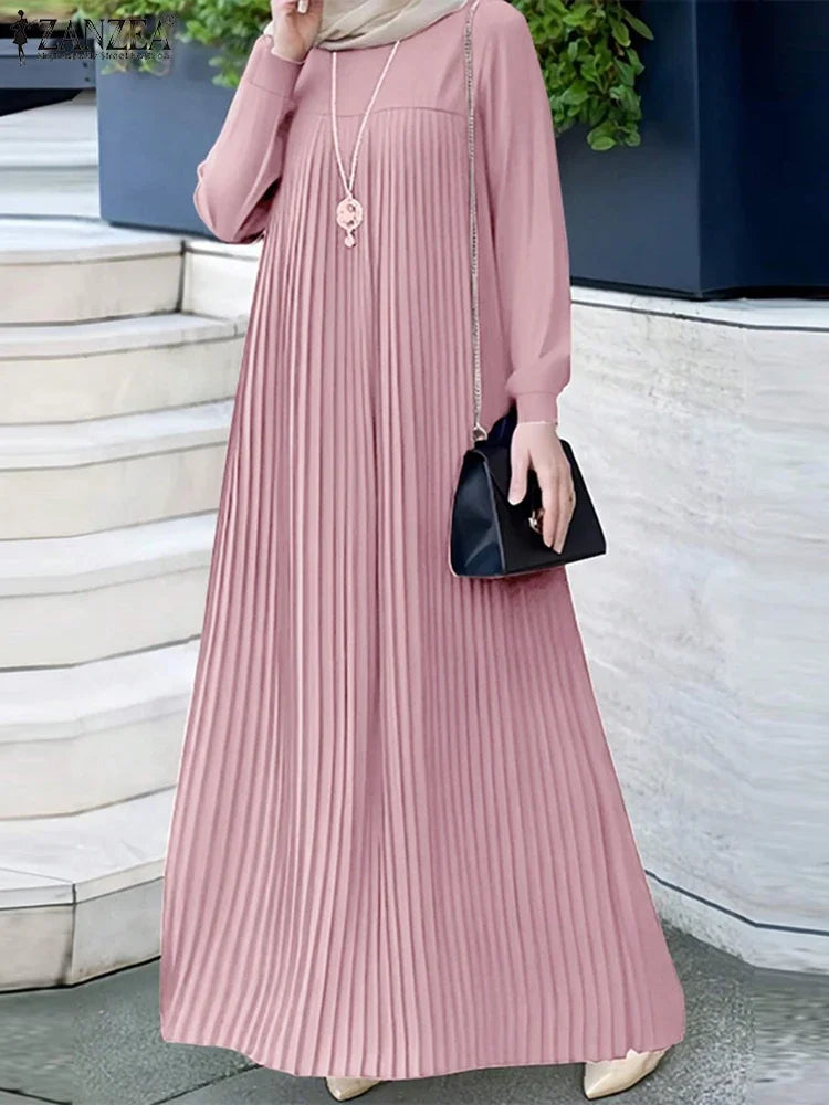 2025 ZANZEA Muslim Abaya Hijab Dress Women Elegant Long Sleeve Pleated Sundress Dubai Maxi Robe Fashion Casual IsIamic Clothing