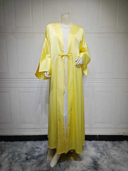 Middle Eastern Muslim Robe Fashion Satin Soft Dress Open Front Outerwear Abaya Solid Color