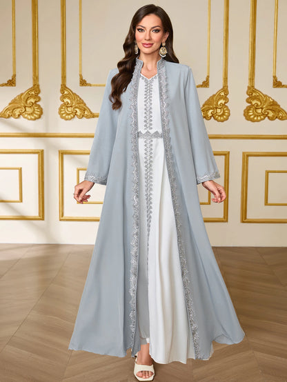 French-Style Luxury Grey-Blue Lace Embroidered Dress Set Middle Eastern Open-Front Abaya Dress for Wedding / Party / Daily Wear