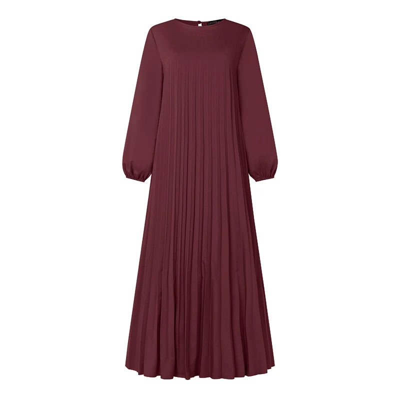 ZANZEA Modest Fashion Abaya Robes Woman Muslim Hijabis O-Neck Solid Pleated Eid Long Dresses Loose A-line Vestidos Fall 2025