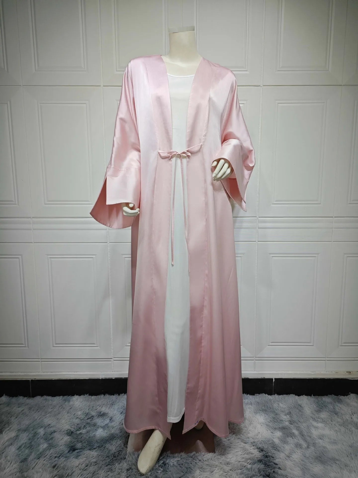 Middle Eastern Muslim Robe Fashion Satin Soft Dress Open Front Outerwear Abaya Solid Color
