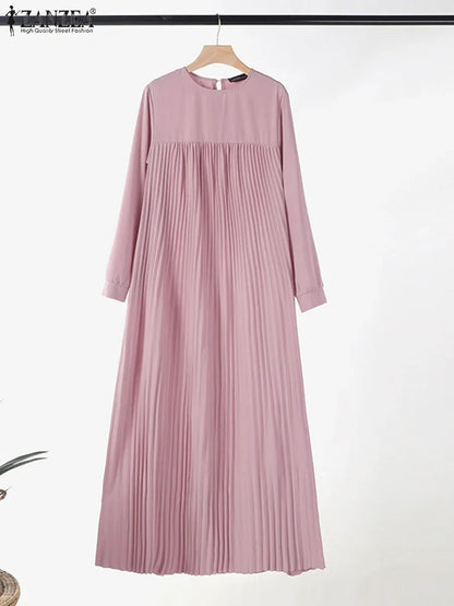 2025 ZANZEA Muslim Abaya Hijab Dress Women Elegant Long Sleeve Pleated Sundress Dubai Maxi Robe Fashion Casual IsIamic Clothing