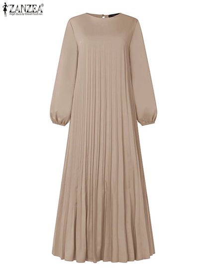 ZANZEA Modest Fashion Abaya Robes Woman Muslim Hijabis O-Neck Solid Pleated Eid Long Dresses Loose A-line Vestidos Fall 2025