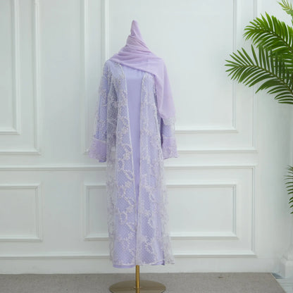 2pcs Abaya with Hijab Women Ramadan Muslim Dress Jilbab Kebaya Islam Kaftan Robe 3D Floral Mesh Abayas 2026 Eid Mubarak Dresses