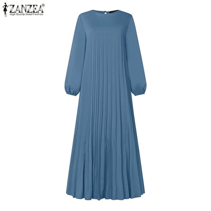 Ramadan Muslim Dress Abaya ZANZEA Casual Kaftan Women Long Sleeve Pleated Sundress Hijab Robe Femme IsIamic Clothing Eid Mubarek