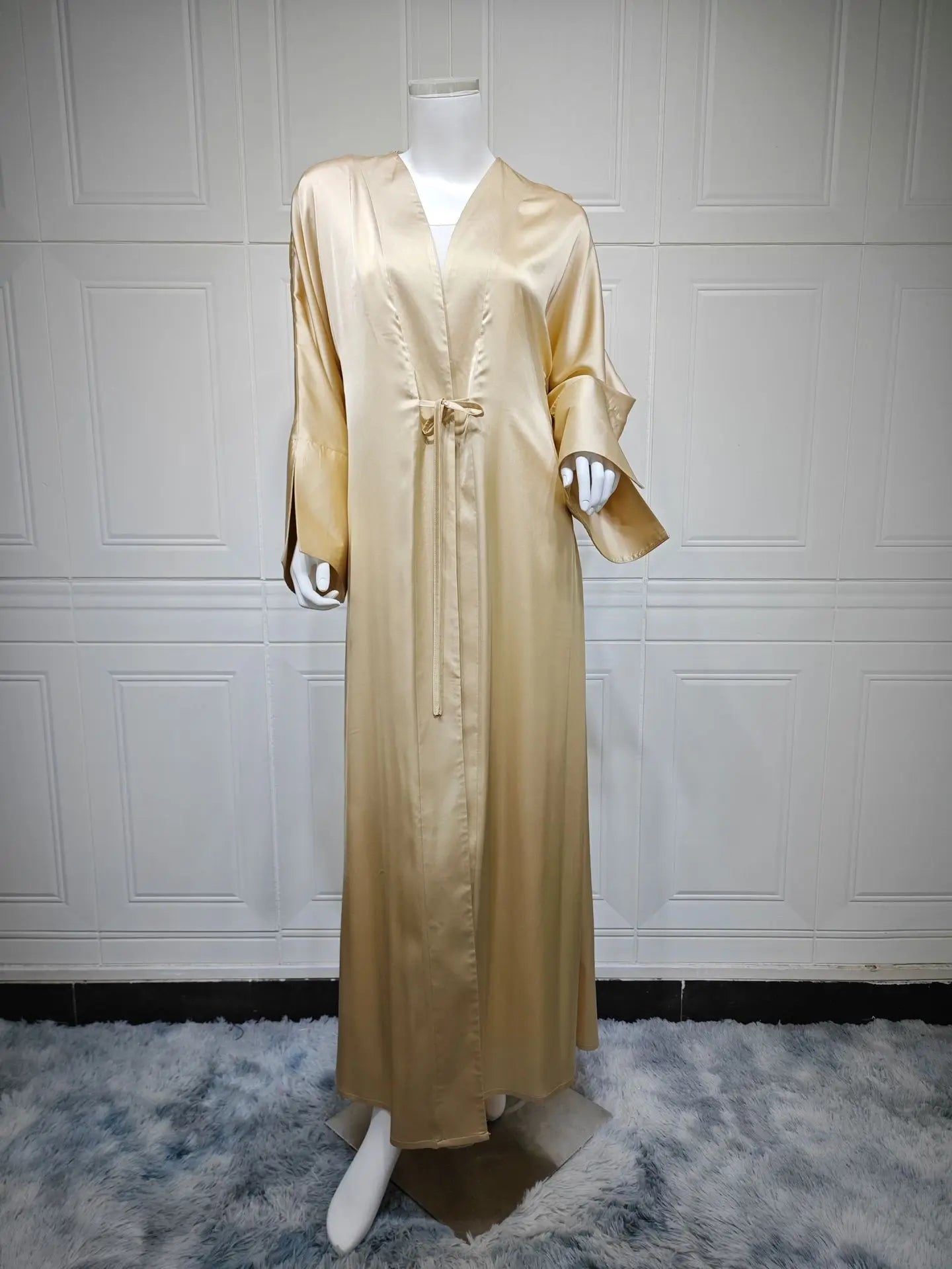 Middle Eastern Muslim Robe Fashion Satin Soft Dress Open Front Outerwear Abaya Solid Color