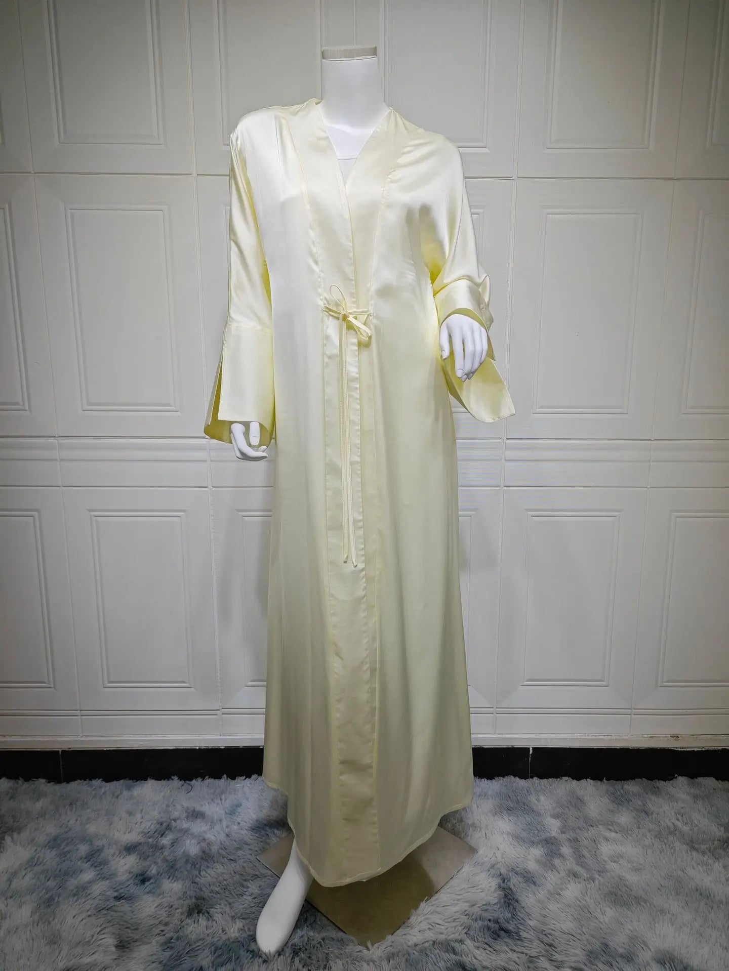 Middle Eastern Muslim Robe Fashion Satin Soft Dress Open Front Outerwear Abaya Solid Color