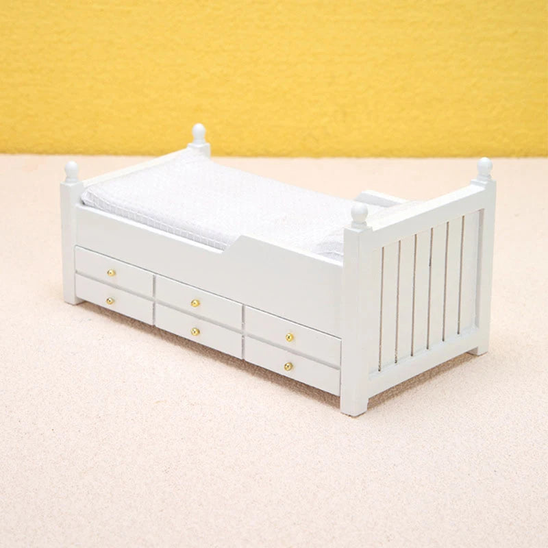 🛒1:12 Dollhouse Miniature Bed White European Single Bed with Drawer Bedroom Furniture Model Decor Toy Doll House Accessories