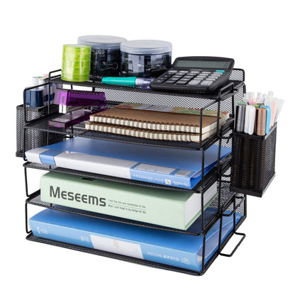 Hengu Desk Organiser Paper Letter Tray 5-Tier Desk File Organiser with Drawer and 2 Pen Holders, Multifunctional Paper Tray Organiser