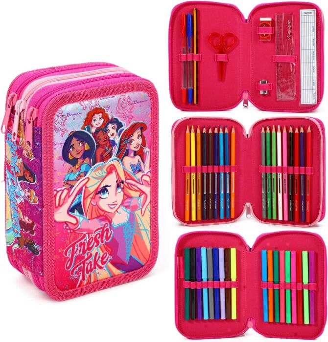 Pack of 12 Disney Princess 3 Tier Zipped Pencil Case and Stationery Set for School Kids