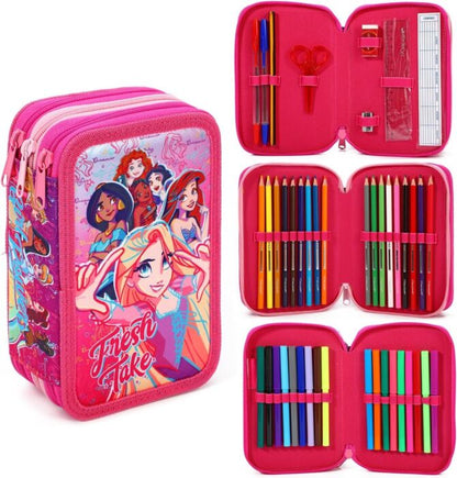 Pack of 12 Disney Princess 3 Tier Zipped Pencil Case and Stationery Set for School Kids