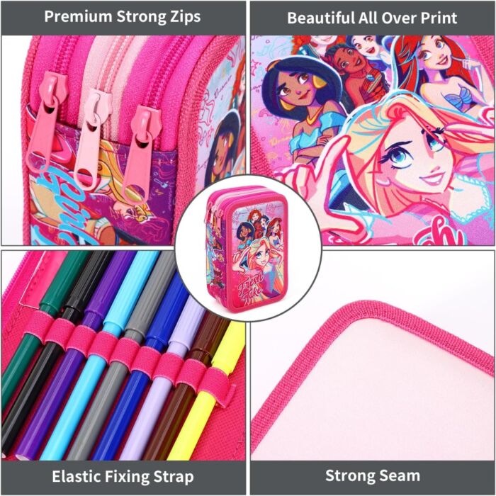 Pack of 12 Disney Princess 3 Tier Zipped Pencil Case and Stationery Set for School Kids