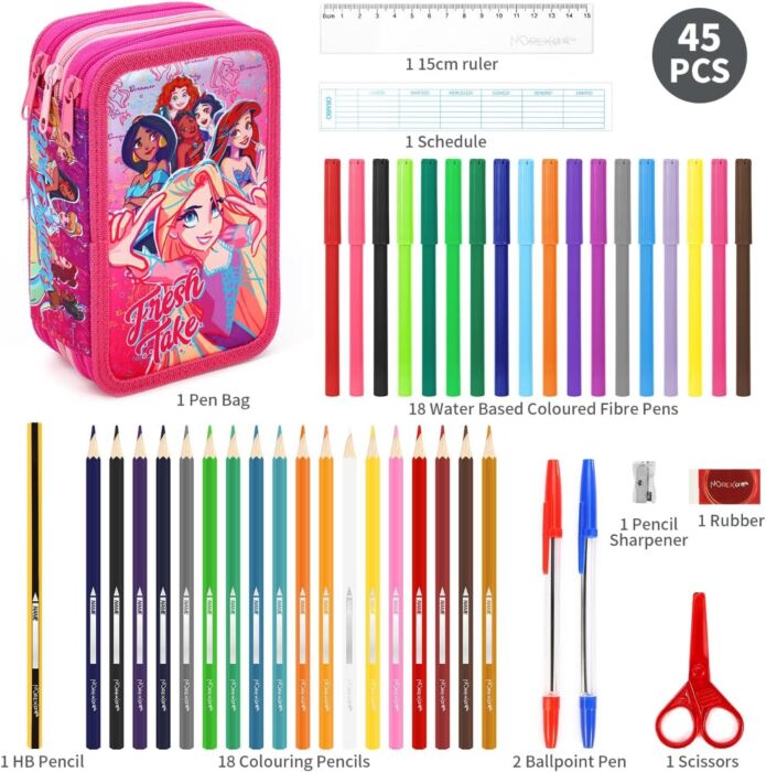 Pack of 12 Disney Princess 3 Tier Zipped Pencil Case and Stationery Set for School Kids