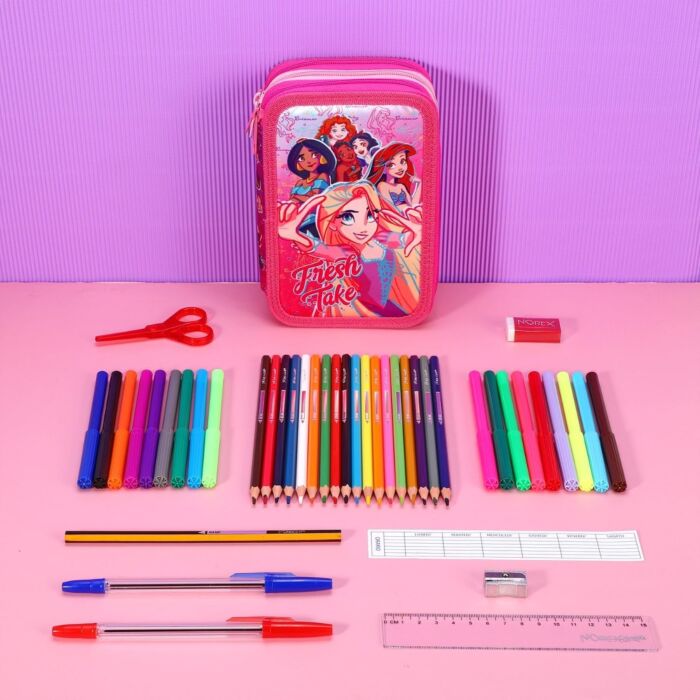 Pack of 12 Disney Princess 3 Tier Zipped Pencil Case and Stationery Set for School Kids